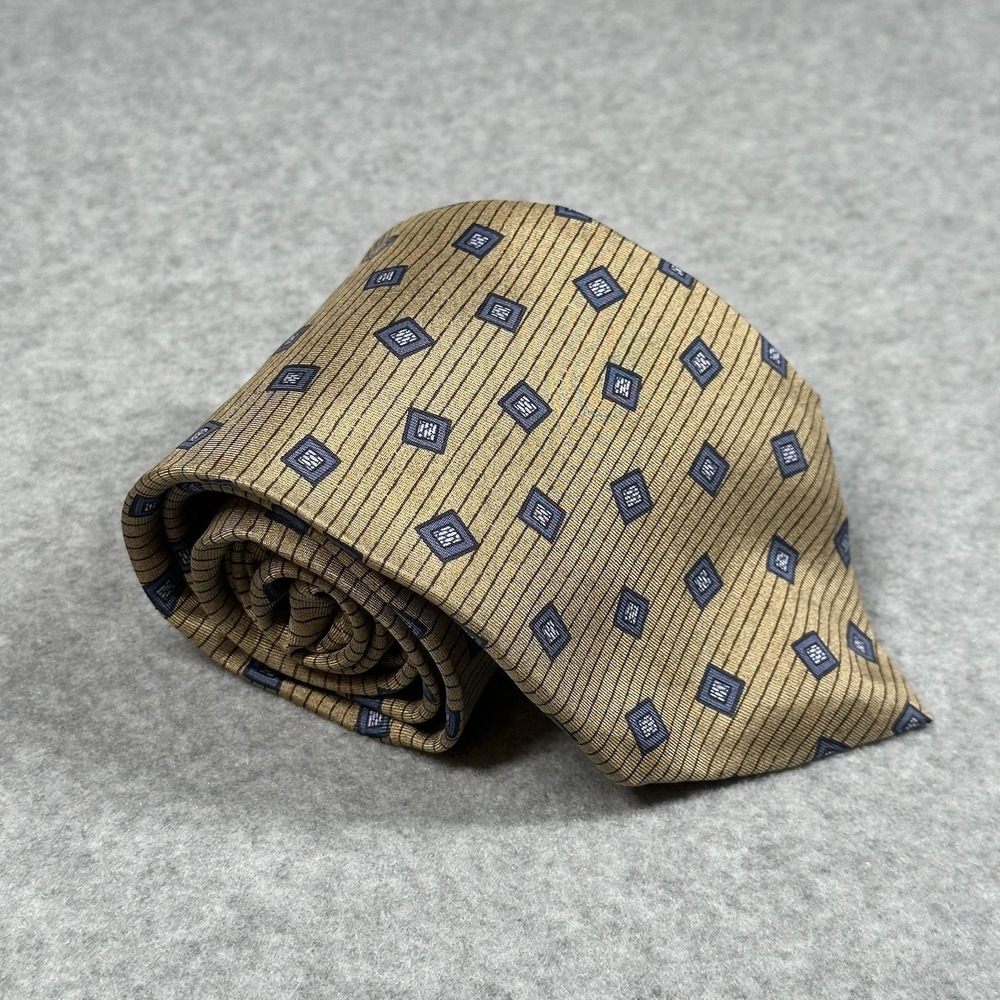Via Condotti Roma Silk Tie Gold Blue Geometric Vintage Italy Handmade 58x3.75in